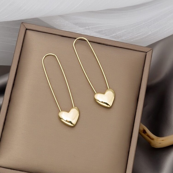 Gold Safety Pin Heart Earrings - Picture 2 of 5